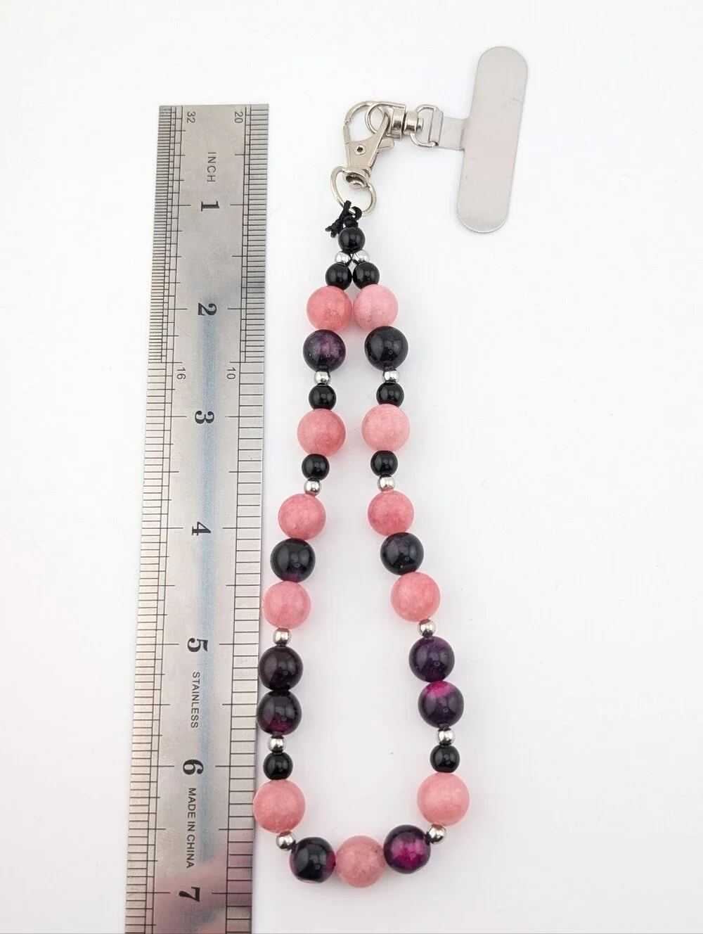 NWT Phone Lanyard/ Key Chain Bracelet Wrist Strap With Pink & Black Beads